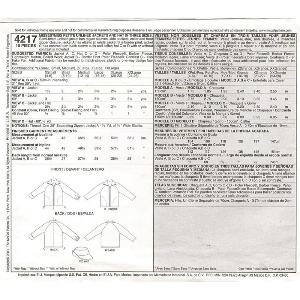 McCall's Sewing Pattern 4217 Jacket‎ Hat Misses Size L-XL
